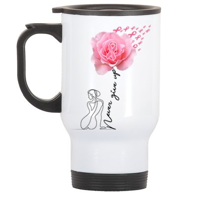 Never Give Up Breast Cancer Rose Stainless Steel Travel Mug