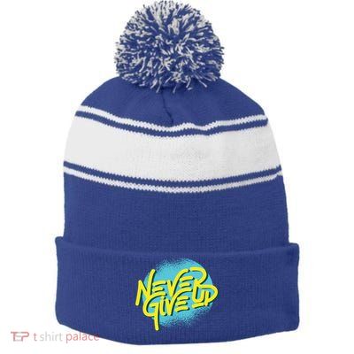 Never Give Up Motivational Stripe Pom Pom Beanie