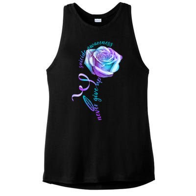 Never Give Up Suicide Awareness Ribbon Rose Ladies PosiCharge Tri-Blend Wicking Tank