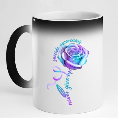 Never Give Up Suicide Awareness Ribbon Rose 11oz Black Color Changing Mug