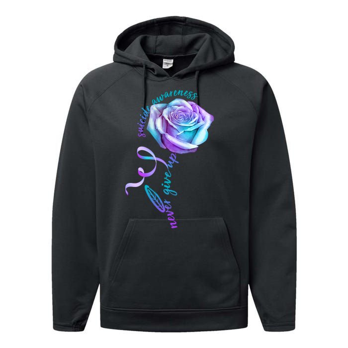 Never Give Up Suicide Awareness Ribbon Rose Performance Fleece Hoodie