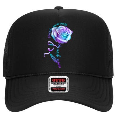 Never Give Up Suicide Awareness Ribbon Rose High Crown Mesh Back Trucker Hat