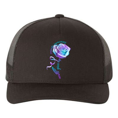 Never Give Up Suicide Awareness Ribbon Rose Yupoong Adult 5-Panel Trucker Hat