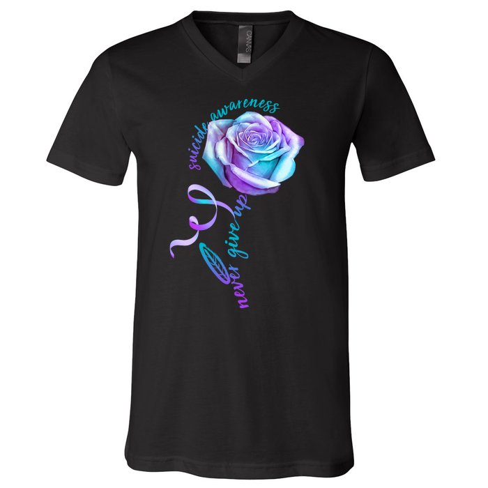 Never Give Up Suicide Awareness Ribbon Rose V-Neck T-Shirt