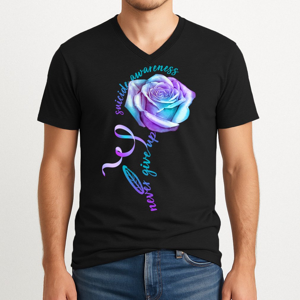 Never Give Up Suicide Awareness Ribbon Rose V-Neck T-Shirt