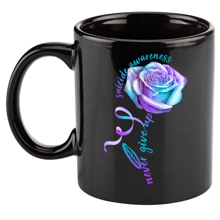 Never Give Up Suicide Awareness Ribbon Rose 11oz C Handle Ceramic Mug