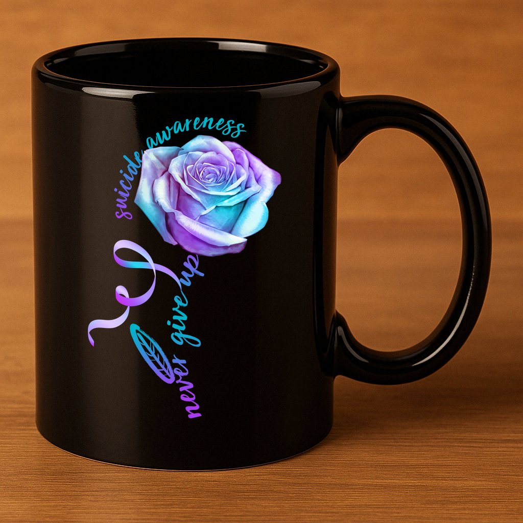 Never Give Up Suicide Awareness Ribbon Rose 11oz C Handle Ceramic Mug