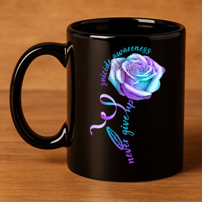 Never Give Up Suicide Awareness Ribbon Rose 11oz C Handle Ceramic Mug