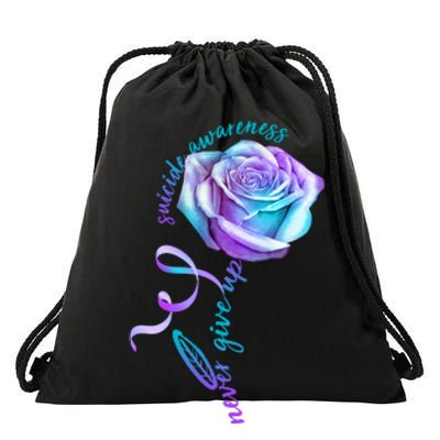 Never Give Up Suicide Awareness Ribbon Rose Drawstring Bag