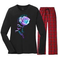 Never Give Up Suicide Awareness Ribbon Rose Women's Long Sleeve Flannel Pajama Set 