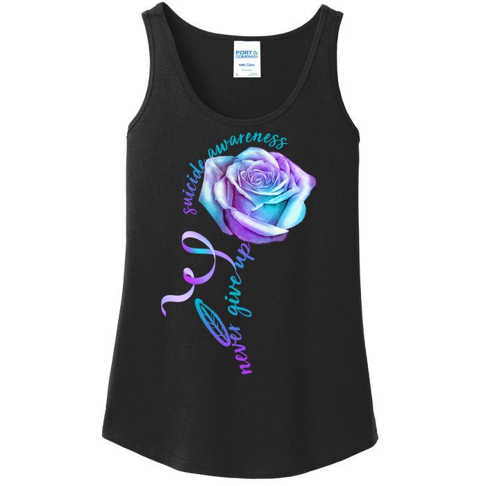 Never Give Up Suicide Awareness Ribbon Rose Ladies Essential Tank