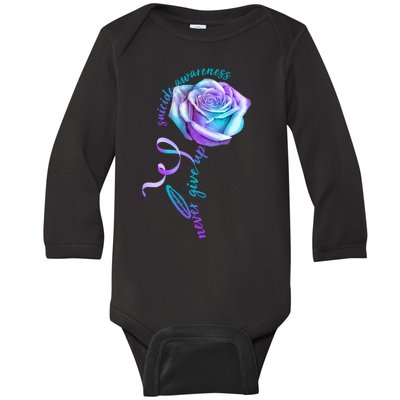 Never Give Up Suicide Awareness Ribbon Rose Baby Long Sleeve Bodysuit