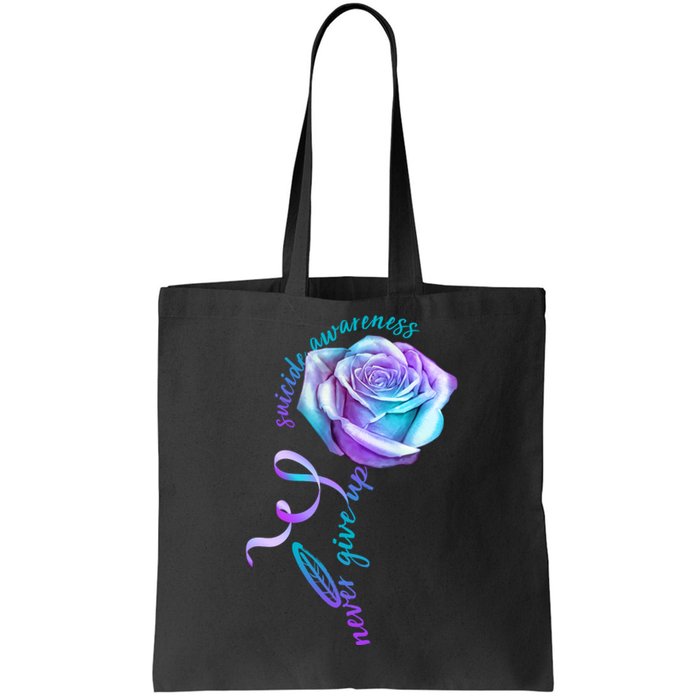 Never Give Up Suicide Awareness Ribbon Rose Tote Bag