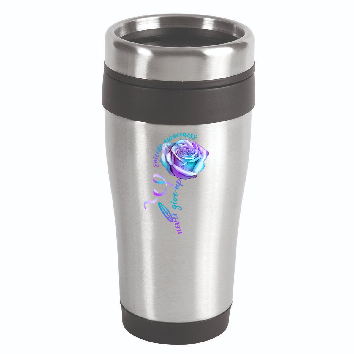 Never Give Up Suicide Awareness Ribbon Rose 16oz Travel Tumbler