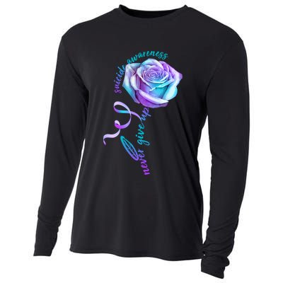 Never Give Up Suicide Awareness Ribbon Rose Cooling Performance Long Sleeve Crew