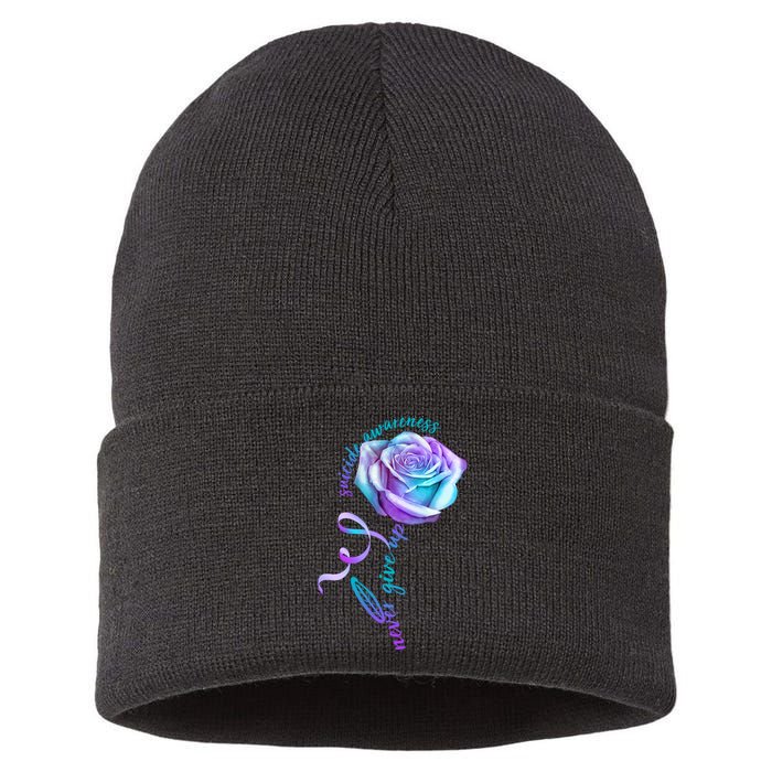 Never Give Up Suicide Awareness Ribbon Rose Sustainable Knit Beanie