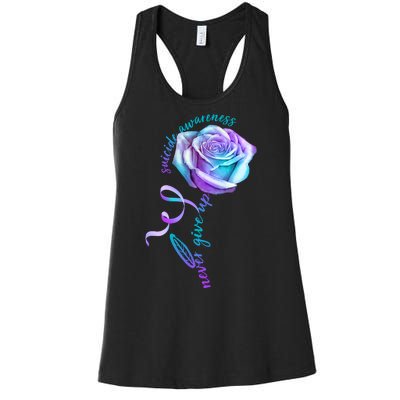 Never Give Up Suicide Awareness Ribbon Rose Women's Racerback Tank