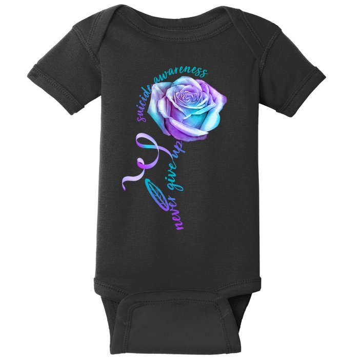 Never Give Up Suicide Awareness Ribbon Rose Baby Bodysuit