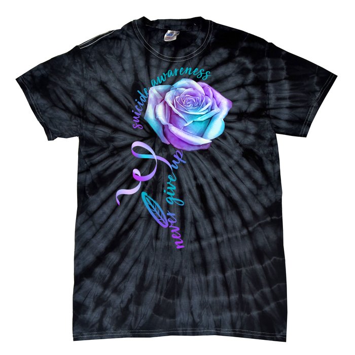 Never Give Up Suicide Awareness Ribbon Rose Tie-Dye T-Shirt