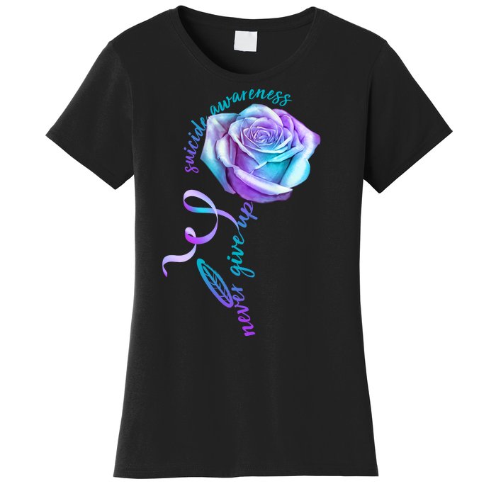 Never Give Up Suicide Awareness Ribbon Rose Women's T-Shirt