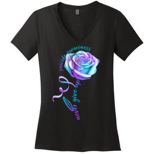 Never Give Up Suicide Awareness Ribbon Rose Women's V-Neck T-Shirt