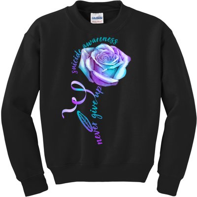 Never Give Up Suicide Awareness Ribbon Rose Kids Sweatshirt