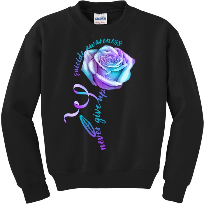 Never Give Up Suicide Awareness Ribbon Rose Kids Sweatshirt