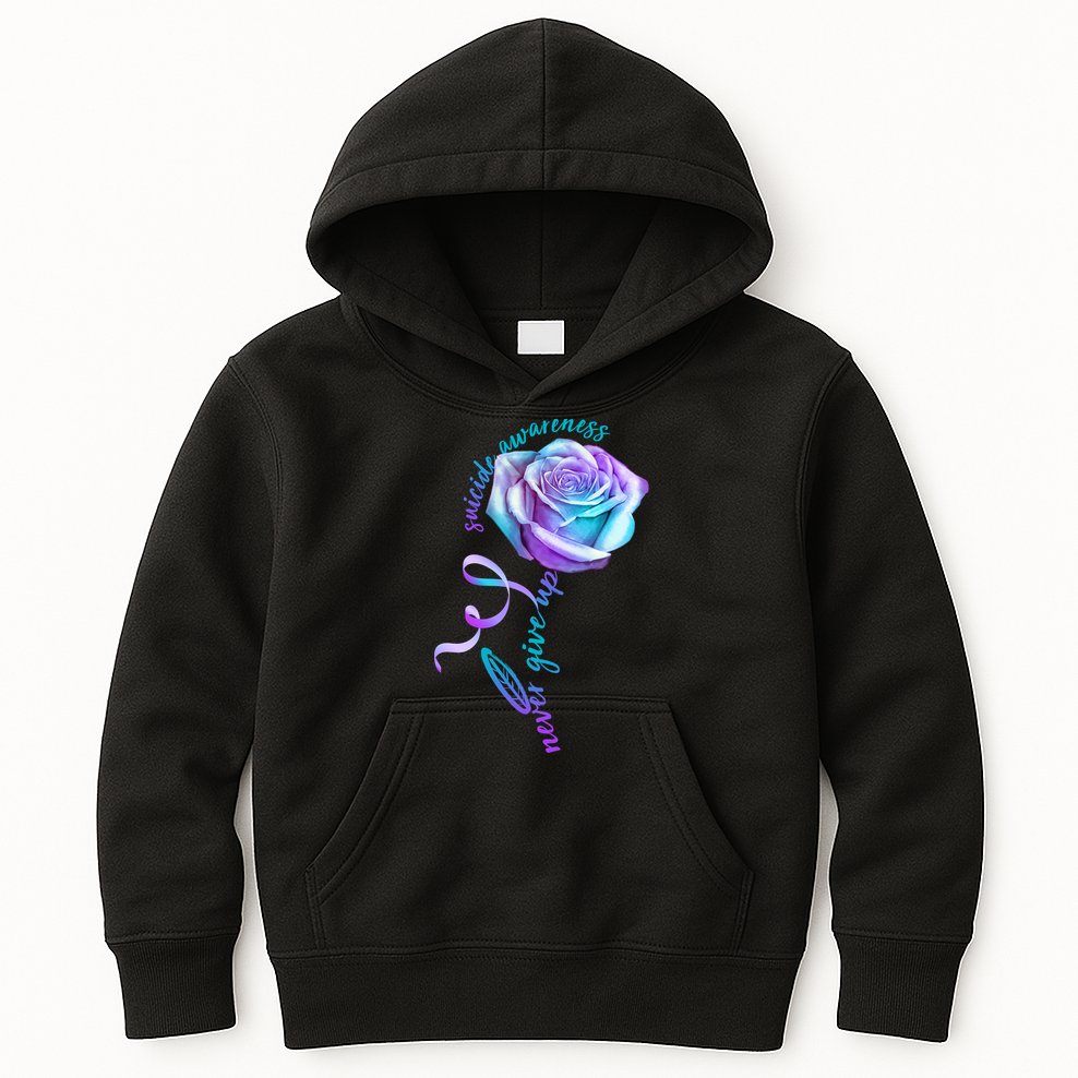 Never Give Up Suicide Awareness Ribbon Rose Kids Hoodie