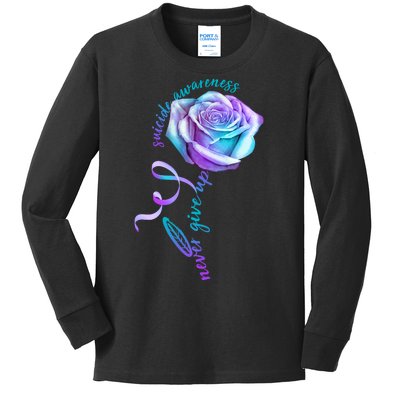 Never Give Up Suicide Awareness Ribbon Rose Kids Long Sleeve Shirt