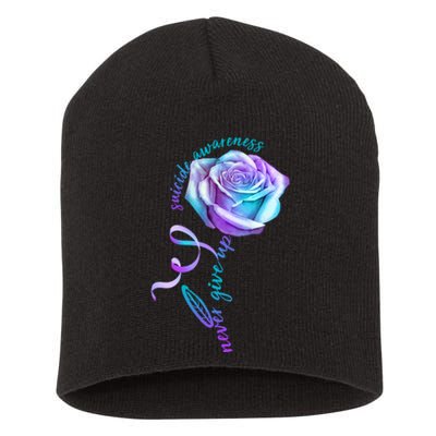 Never Give Up Suicide Awareness Ribbon Rose Short Acrylic Beanie