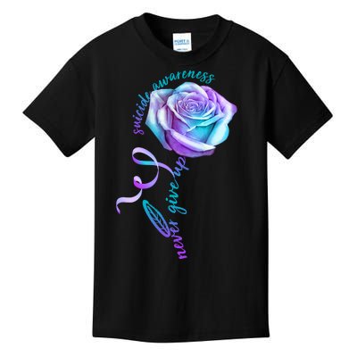 Never Give Up Suicide Awareness Ribbon Rose Kids T-Shirt