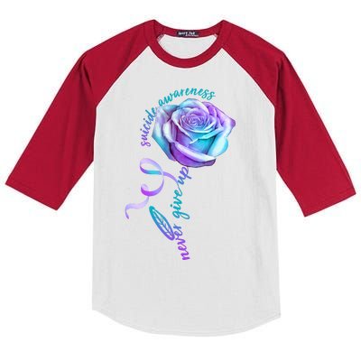 Never Give Up Suicide Awareness Ribbon Rose Kids Colorblock Raglan Jersey