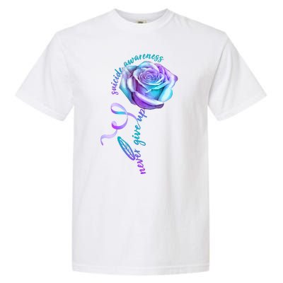 Never Give Up Suicide Awareness Ribbon Rose Garment-Dyed Heavyweight T-Shirt