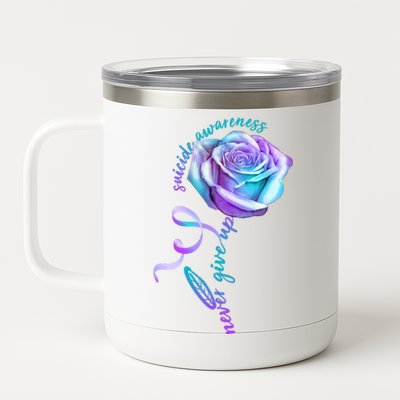 Never Give Up Suicide Awareness Ribbon Rose 12 oz Stainless Steel Tumbler Cup