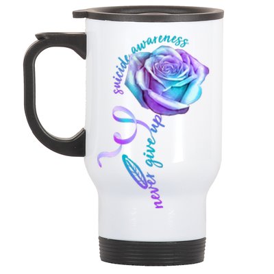 Never Give Up Suicide Awareness Ribbon Rose Stainless Steel Travel Mug