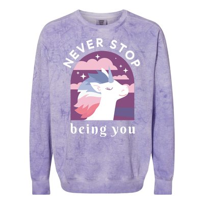 Never Stop Being You Unicorn Colorblast Crewneck Sweatshirt