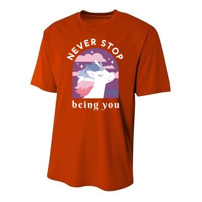 Never Stop Being You Unicorn Youth Performance Sprint T-Shirt