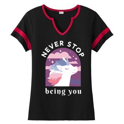 Never Stop Being You Unicorn Ladies Halftime Notch Neck Tee