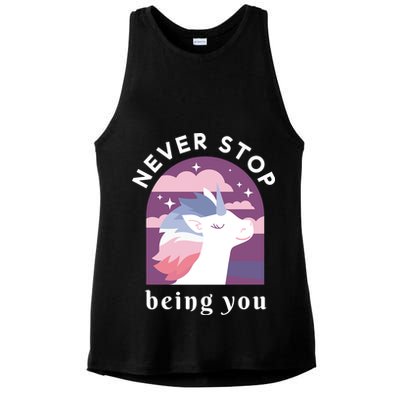 Never Stop Being You Unicorn Ladies PosiCharge Tri-Blend Wicking Tank