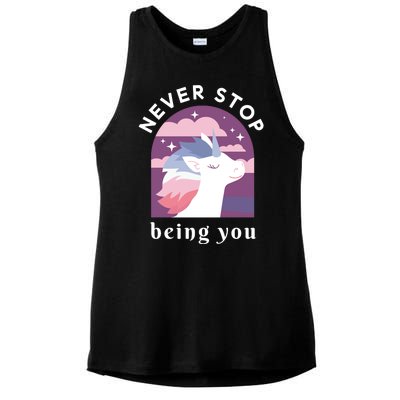 Never Stop Being You Unicorn Ladies PosiCharge Tri-Blend Wicking Tank