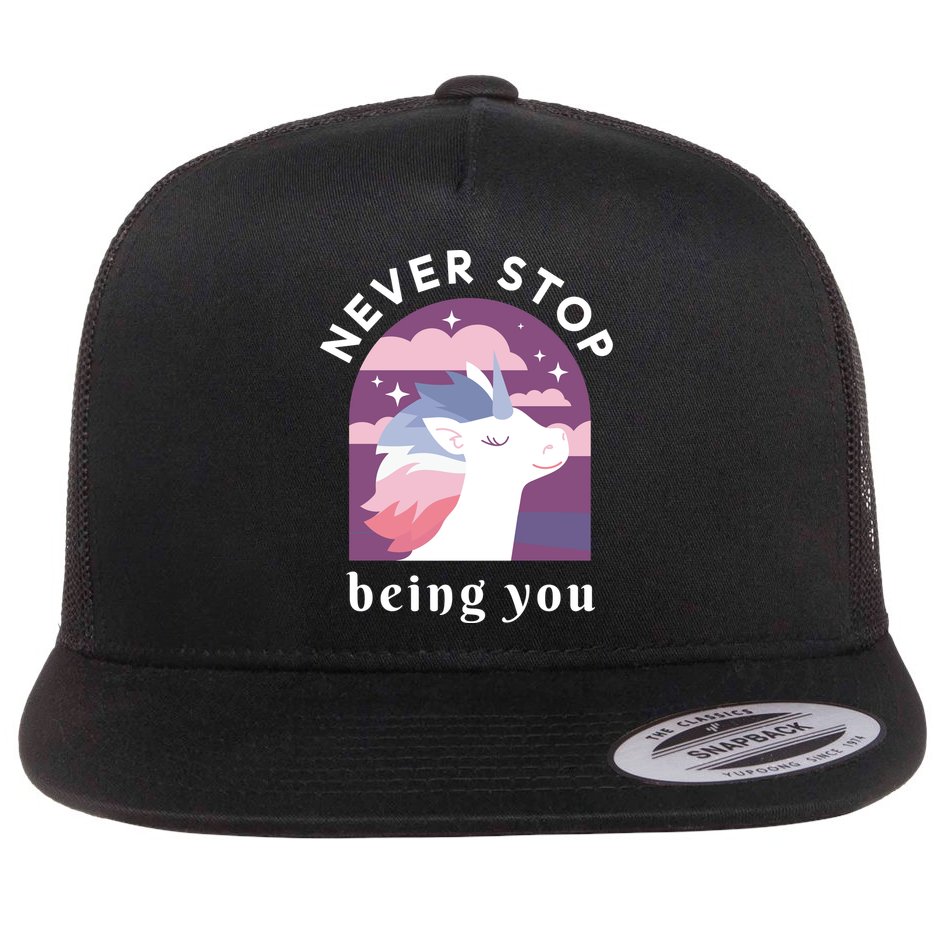 Never Stop Being You Unicorn Flat Bill Trucker Hat