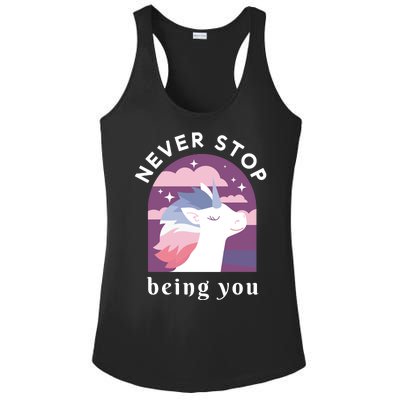 Never Stop Being You Unicorn Ladies PosiCharge Competitor Racerback Tank