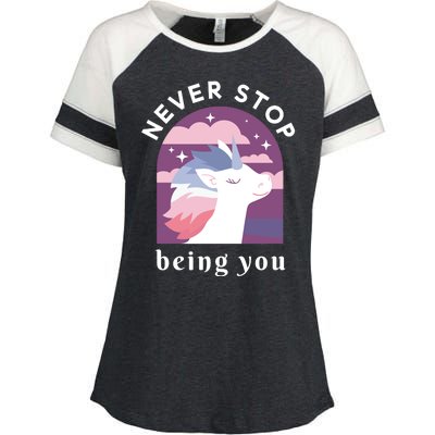 Never Stop Being You Unicorn Enza Ladies Jersey Colorblock Tee