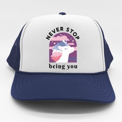 Never Stop Being You Unicorn Trucker Hat