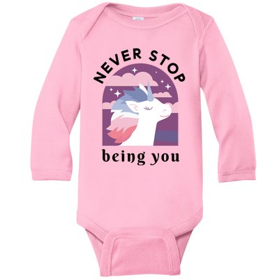 Never Stop Being You Unicorn Baby Long Sleeve Bodysuit