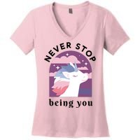 Never Stop Being You Unicorn Women's V-Neck T-Shirt