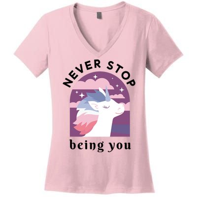 Never Stop Being You Unicorn Women's V-Neck T-Shirt