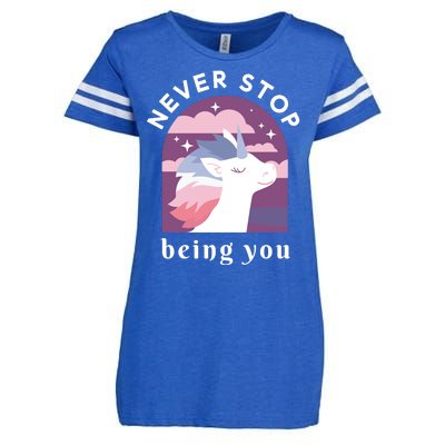 Never Stop Being You Unicorn Enza Ladies Jersey Football T-Shirt