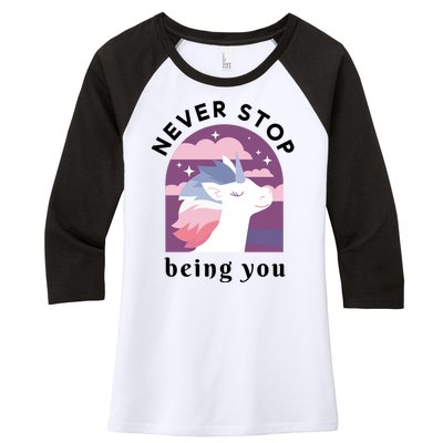 Never Stop Being You Unicorn Women's Tri-Blend 3/4-Sleeve Raglan Shirt