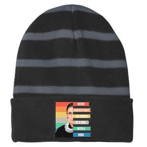 Never Underestimate A Girl With A Book RBG Tribute Striped Beanie with Solid Band